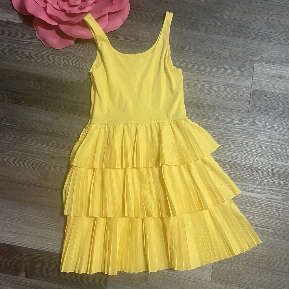 RALPH LAUREN Girl's Size 16 Yellow Pleated Tiered Sleeveless Dress Cotton Blend